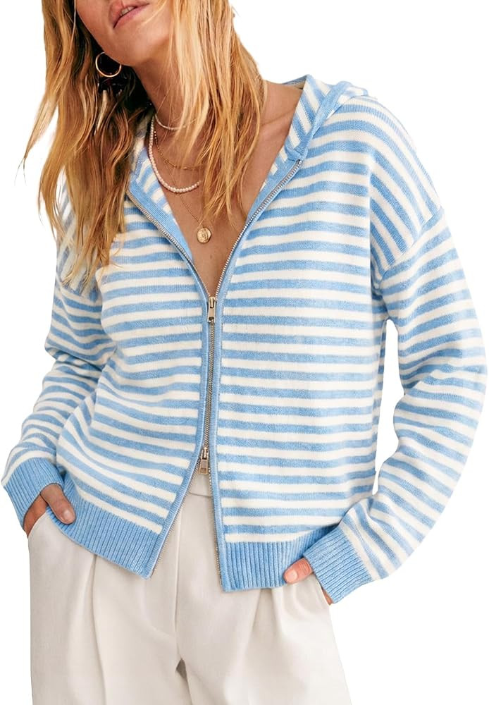 Cicy Bell Womens Striped Hooded Cardigan Zip Up Knit Long Sleeve Sweaters | Amazon (US)