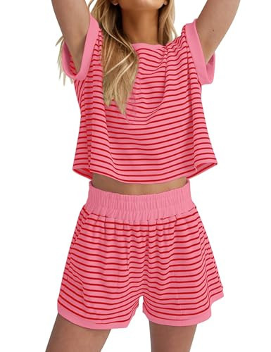 Burtell Women Summer 2 Piece Lounge Sets Striped Short Sleeve Tee Shirts Mini Shorts Loungewear Shorts Set Ribbed Pajama Set | Amazon (US)