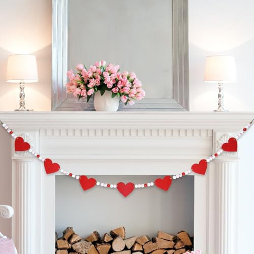 4.2 FT Valentine’s Day Red Felt Heart and Wooden Beads Garland – Red Heart Hanging Decorations, Romantic Beaded Banner for Fireplace Mantel, Wall, Tiered Tray, Wedding, and Love Celebration Décor | Amazon (US)