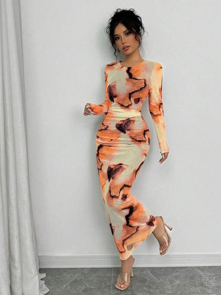 Selianne 1pc Women Elegant Ombre Long Sleeve Slimming Dress Maxi Women Outfit Fall Cloth For Women | SHEIN