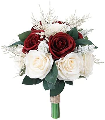 Amazon.com: IVAYNE Wedding Bouquets for Bride Bridesmaid Bouquet Artificial Flowers Wine Red Rose... | Amazon (US)