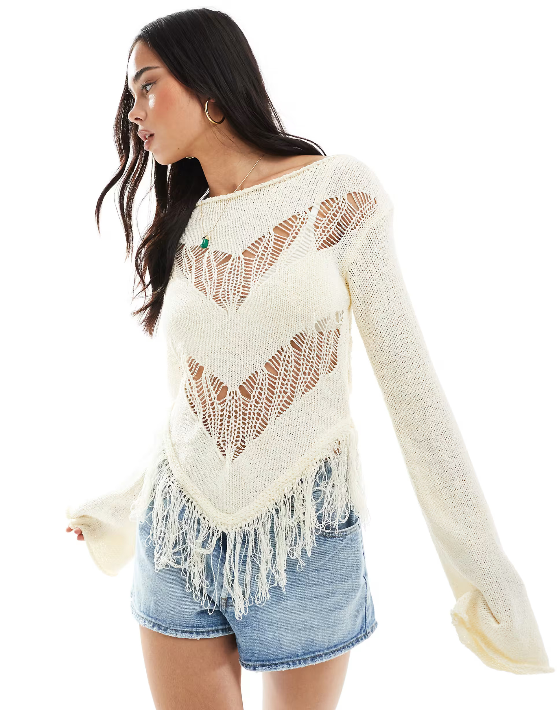 Bershka fringe detail knitted top in butter | ASOS (Global)