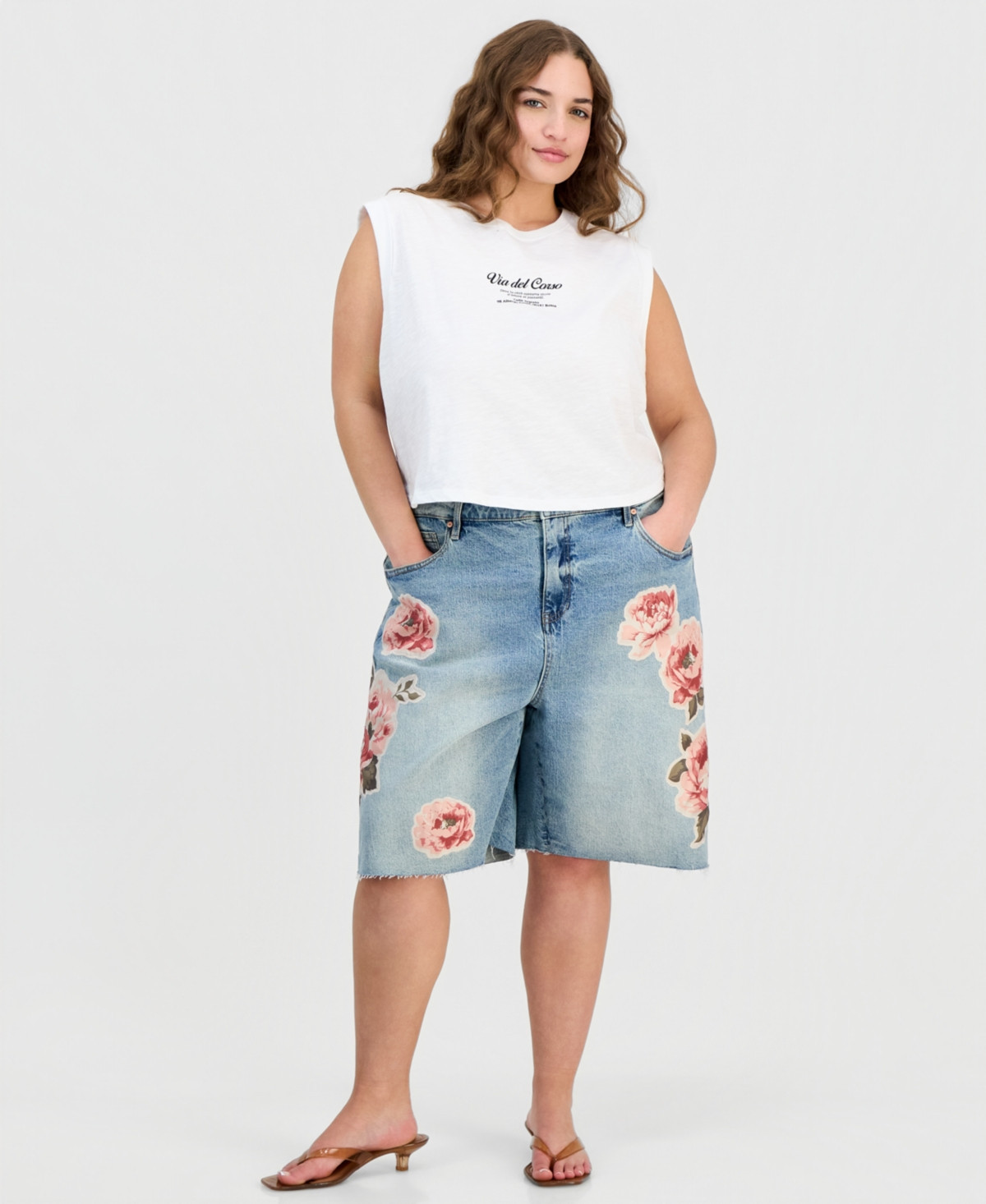 And Now This Trendy Plus Size Floral Appliqu\u00e9 Denim Jorts, Macy's Exclusive - Macy's | Macy's