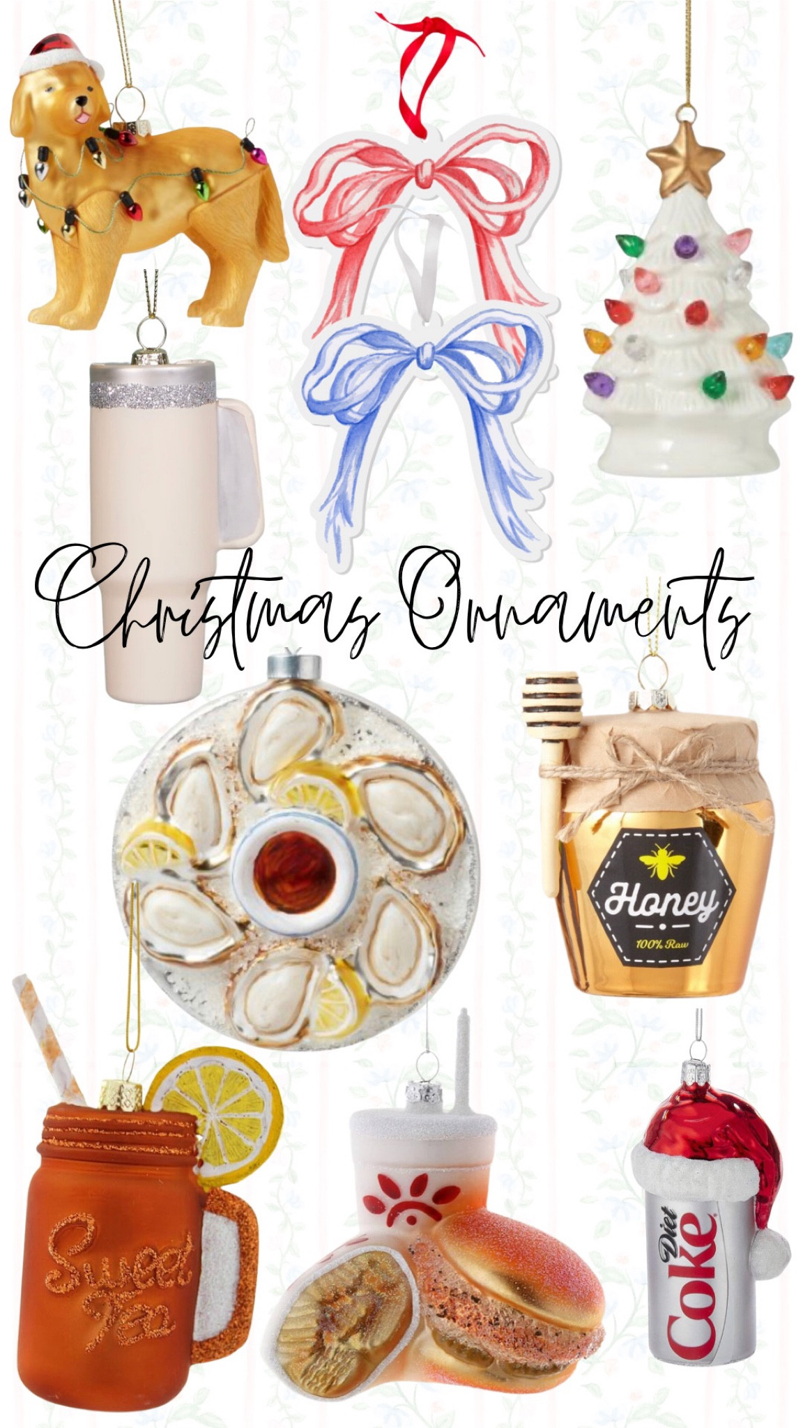 Southern Charm Christmas Ornaments 🎄🎄🎄

#Christmas #ornament #southern #gift #oyster #dietcoke #stanley #sweettea #tree #decorations #blueandwhite #bow 

#LTKHoliday #LTKSeasonal #LTKGiftGuide