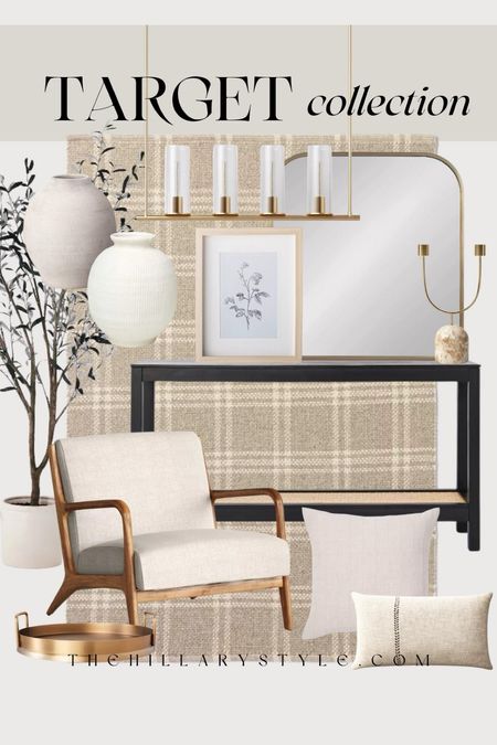 Target Collection: neutral home decor and furniture finds from Target. Console table, accent chair, area rug, faux olive tree, gold arched mirror, framed art, accent pillows, framed line art, ceramic vase, brass candle holder, chandelier, gold chandelier, gold tray. Neutral home decor, spring home refresh, Target Home, Studio McGee.

#LTKSeasonal #LTKhome #LTKstyletip