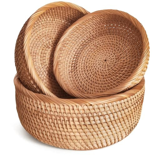 Rattan Bread Baskets for Serving, Hand Woven Food Baskets, Natural Wicker Fruit Basket for Kitchen Counter, Decorative Bread Basket for Serving, Fruits, Snacks, Candies, Nuts, Keys, Etc.(Round-Combo) | Amazon (US)