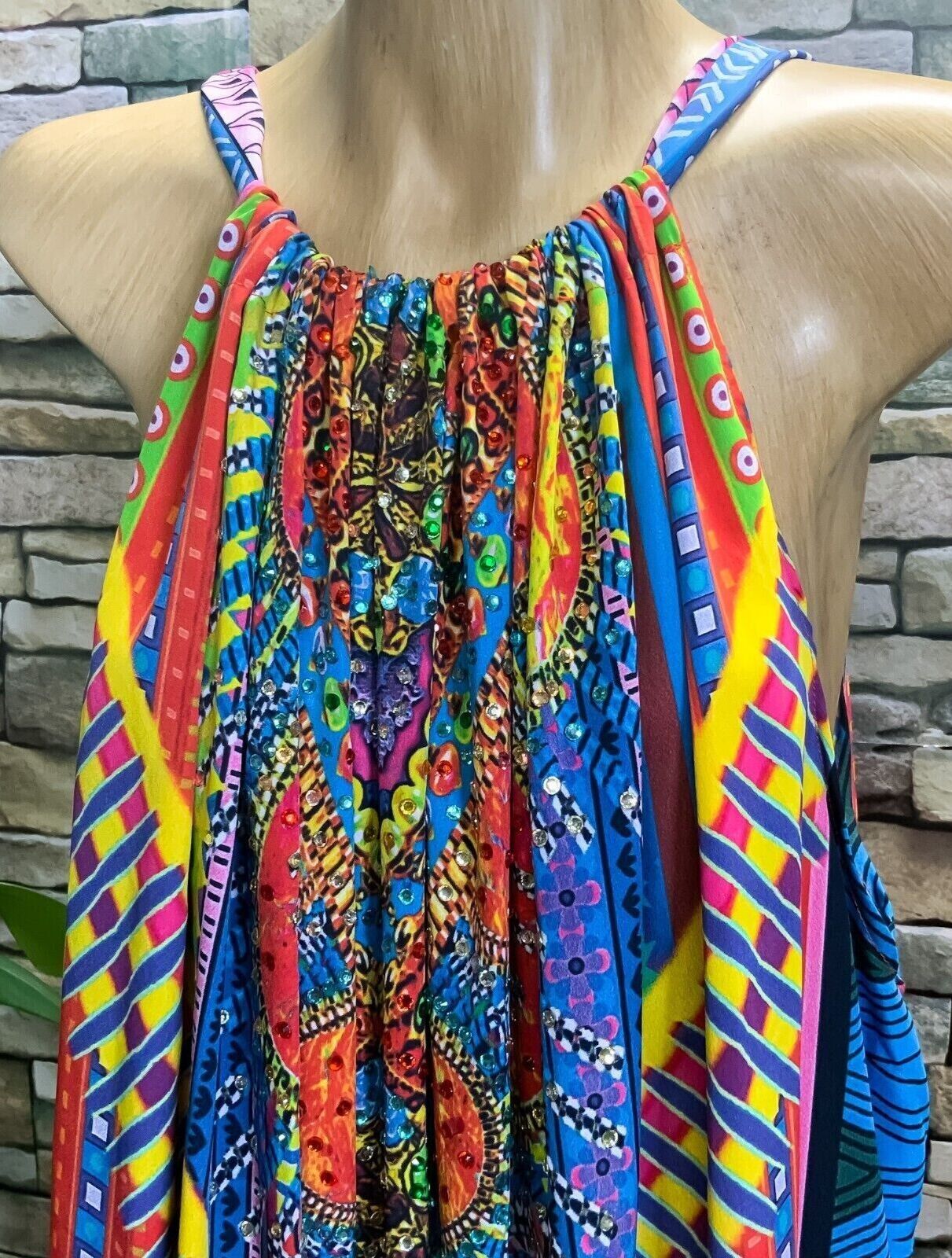 CHRISSY B Aztec/Geometric Brightly Coloured Halter Neck Maxi Dress - Size 16/18 | eBay AU