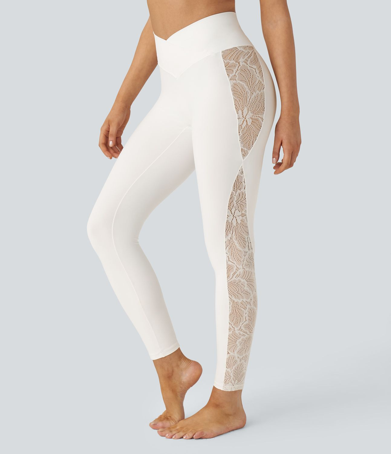 Women’s Softlyzero™ High Waisted Crossover Contrast Lace Yoga 7/8 Leggings-UPF50+ - Halara | HALARA