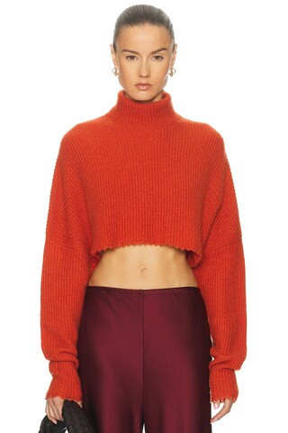 Lapointe Airy Cashmere Silk Ribbed Fray Hem Crop Turtleneck Sweater in Carnelian - Burnt Orange. Size S (also in M, XS). | FWRD 