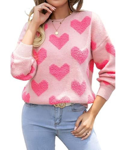 SELINK Women's Fuzzy Heart Sweater Crew Neck Pearl Drop Shoulder Casual Long Sleeve Valentines Sweaters Pullover Tops Pink Heart-S | Amazon (US)