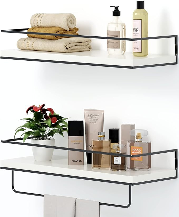 Shario White Floating Shelves - Set of 2, Wall Mounted Hanging Shelves with Black Towel Rack, Dec... | Amazon (US)