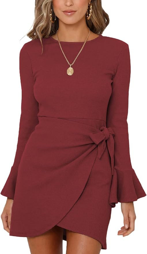 XIEERDUO Womens Wrap Dresses Tie Waist Bodycon Long Bell Sleeve Mini Dress | Amazon (US)