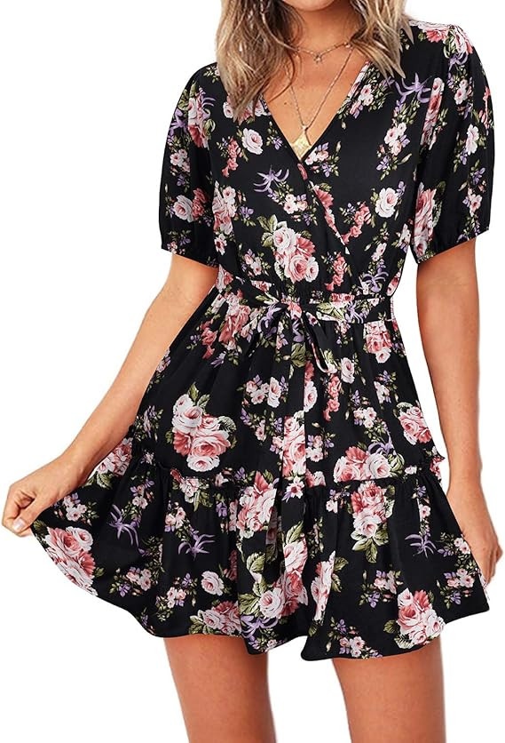 OUGES Women Short Sleeve Wrap Waist V Neck Dress Polka Dot Ruffles Floral Casual Swing Sundress | Amazon (US)