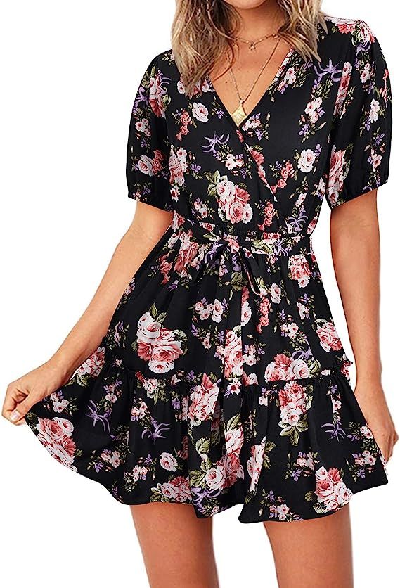 OUGES Women Short Sleeve Wrap Waist V Neck Dress Polka Dot Ruffles Floral Casual Swing Sundress | Amazon (US)