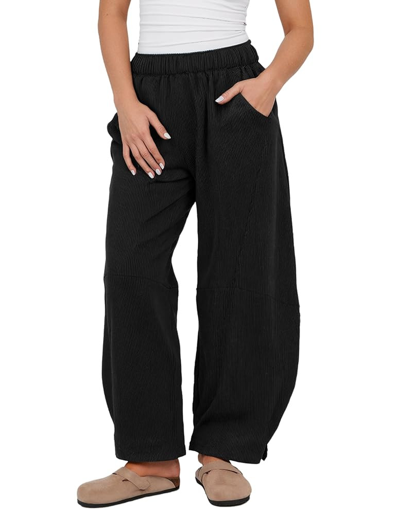 Athlisan Womens Corduroy Pants Wide Leg Cropped Barrel Baggy Elastic Waist Trousers with Pockets | Amazon (US)