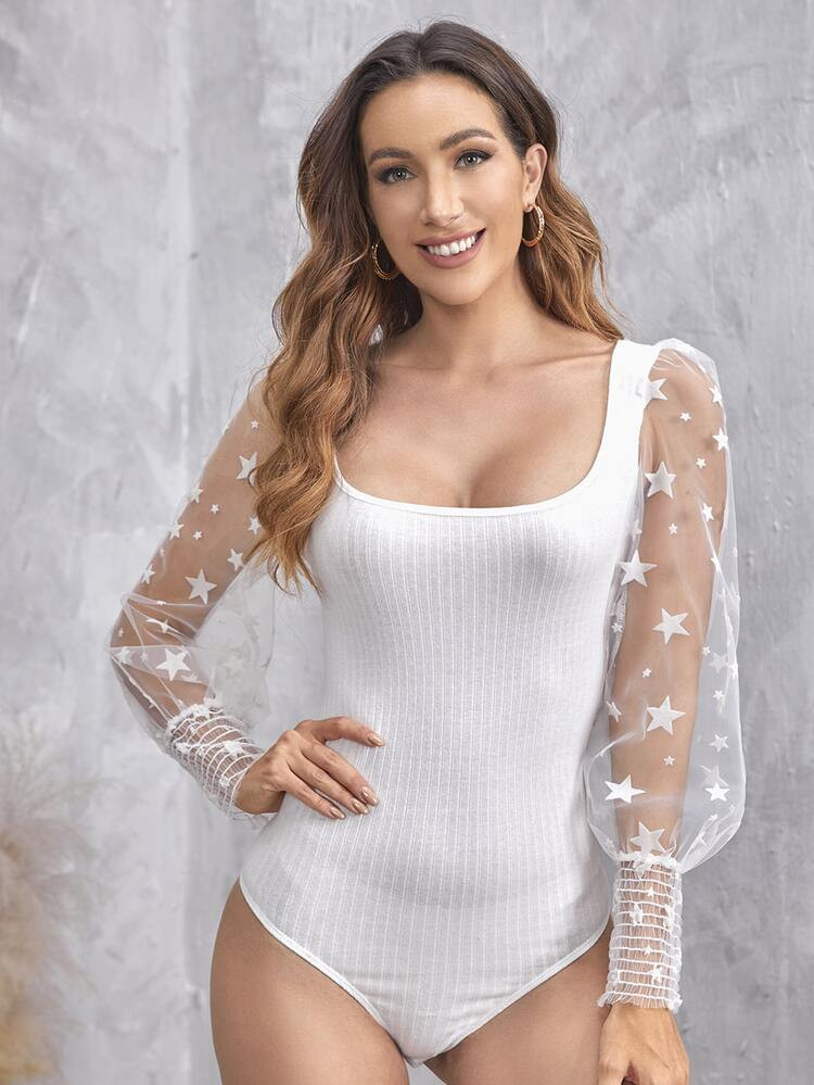 SHEIN Shirred Cuff Flocked Star Mesh Sleeve Rib-knit Bodysuit | SHEIN