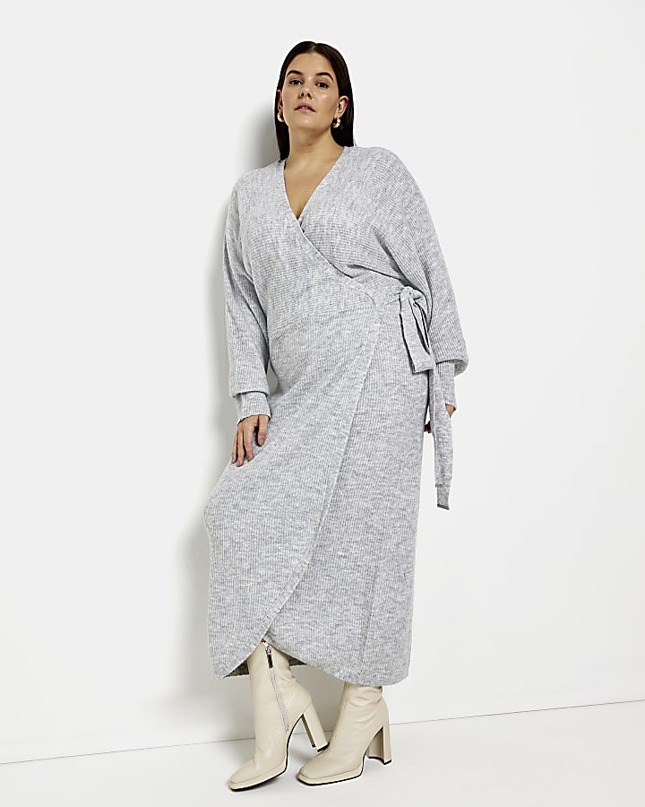 Plus grey knit long sleeve wrap midi dress | River Island (US)