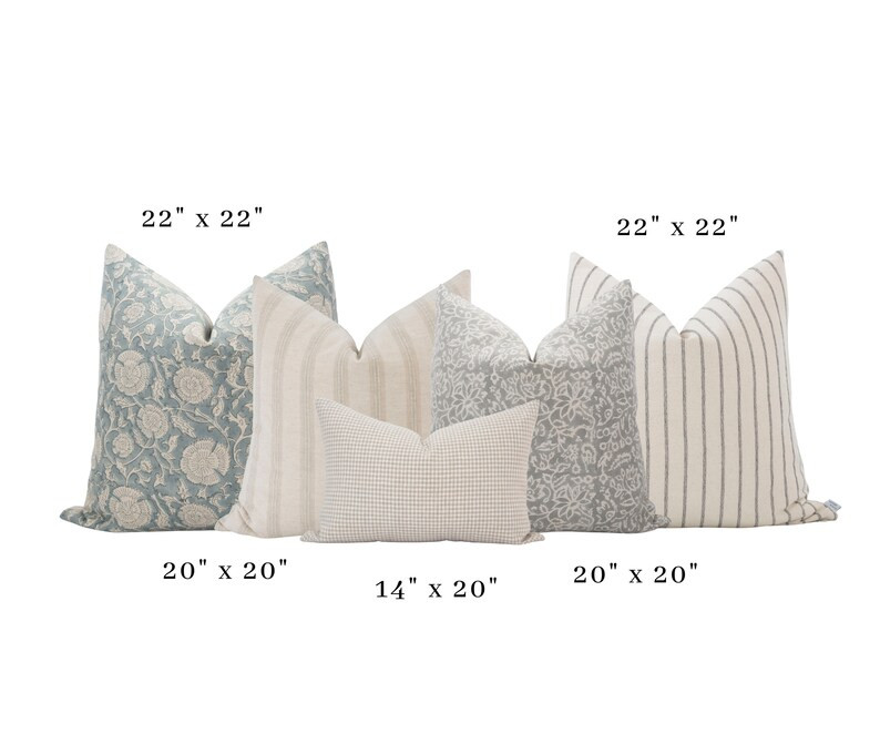 Light Blue and Gray Pillow Cover Set Block Print Pillow Set Farmhouse Pillows Coastal Pillow Set ... | Etsy (US)
