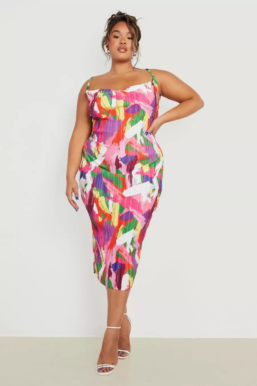 Plus Abstract Plisse Cowl Neck Midi Dress | Boohoo.com (US & CA)
