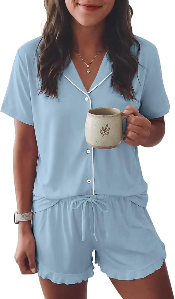 Ekouaer Womens Pajama Sets Button Down Short Sleeve Top and Shorts Cute Ruffled Pjs Sets Sleepwea... | Amazon (US)