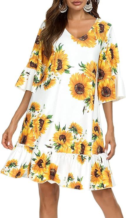 HUHOT Women's Bell Sleeve Floral V Neck Summer Casual Ruffle Loose Shift Mini Dresses | Amazon (US)