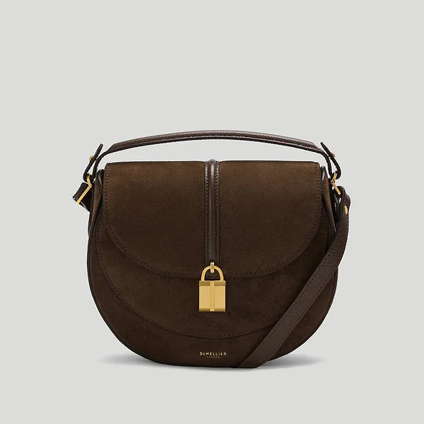 The Siena Saddle | Mocha Suede & Mocha Small Grain | Demellier | DeMellier