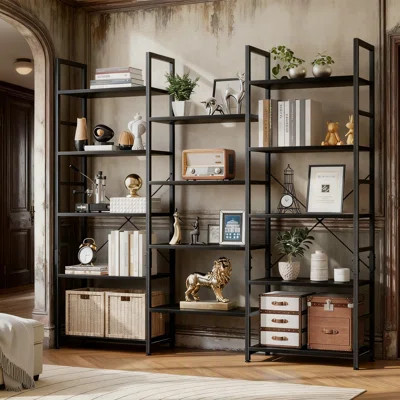 5-Tier Industrial Bookshelf With 14 Open Shelves, Rustic Modern Bookcase For Living Room, Bedroom And Home Office Storage | Wayfair North America