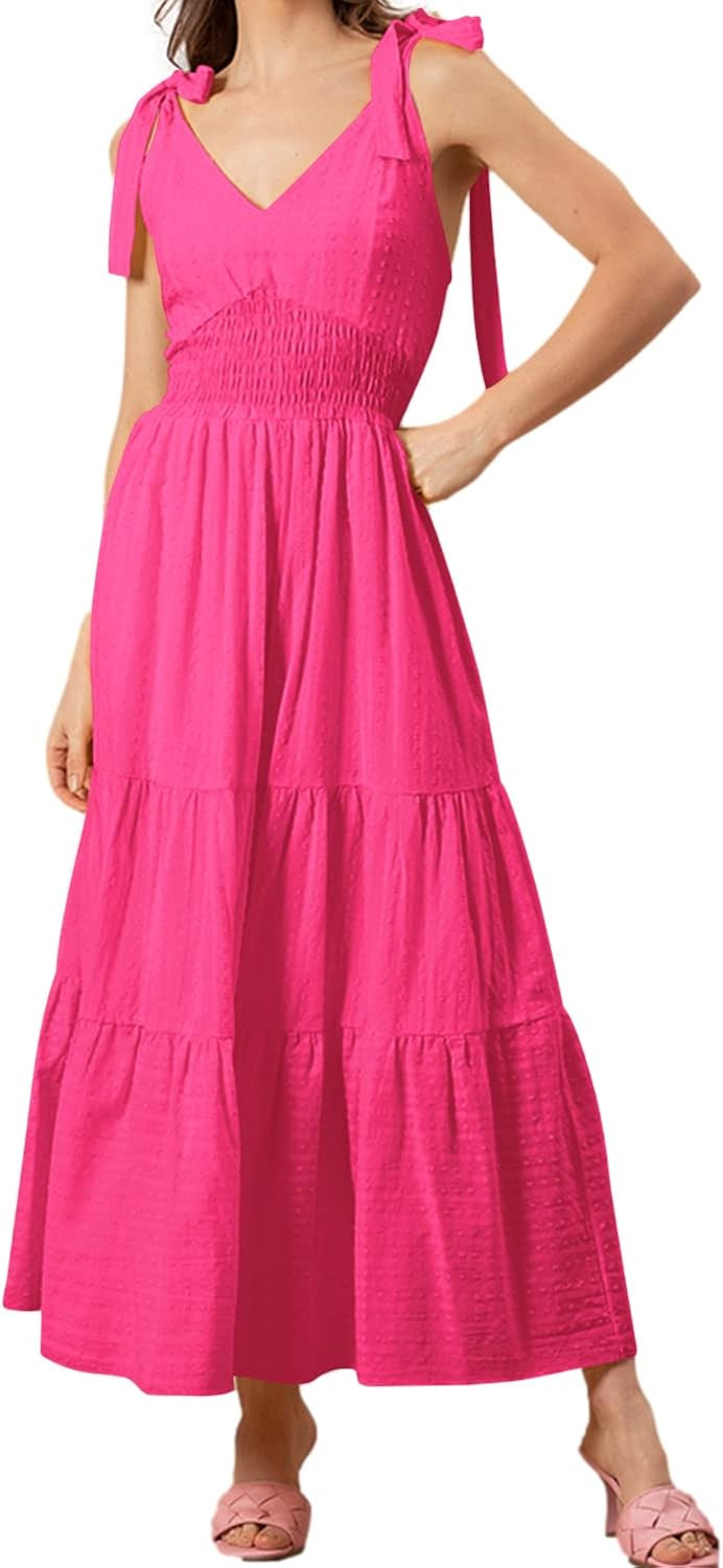 ReachMe Womens Summer Boho Tie Shoulder Strappy Maxi Dress Smocked Ruffle Dot Tiered Pleated Swin... | Amazon (US)