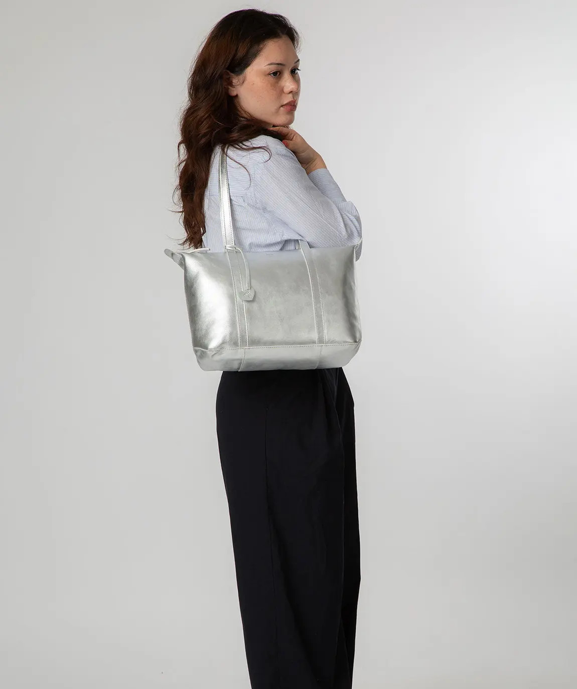 'Leonor' Metallic Silver Leather Tote Bag | BrandAlley