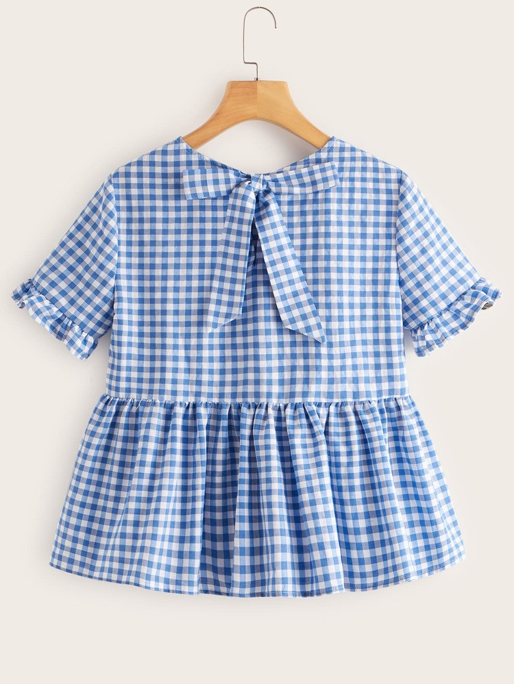 SHEIN Plus Ruffle Cuff Bow Back Gingham Peplum Top | SHEIN