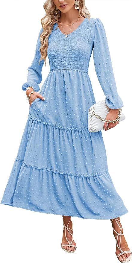 ZAFUL Womens V Neck Maxi Dress with Pockets Swiss Dot Smocked High Waist Long Sleeve Casual Tiere... | Amazon (US)