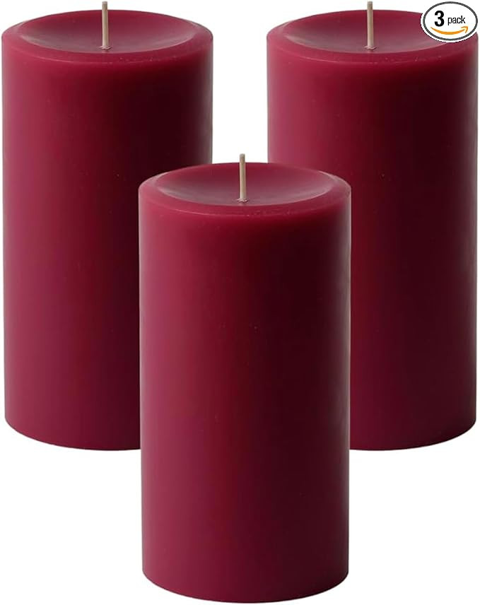 Mister Candle Dripless Unscented Pillar Candles, Set of 3 Hand Poured Burgundy Pillar Candles, So... | Amazon (US)