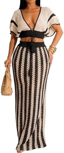2 Piece Skirt Sets for Women Knit Crochet Color Block Crop Top Striped Maxi Skirts Hollow Out Vac... | Amazon (US)