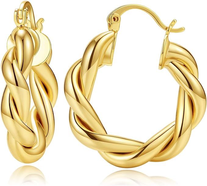 Twisted Gold Hoop Eearrings for Women 14K Gold Plated Chunky Hoop Earrings Lightweight High Polis... | Amazon (US)
