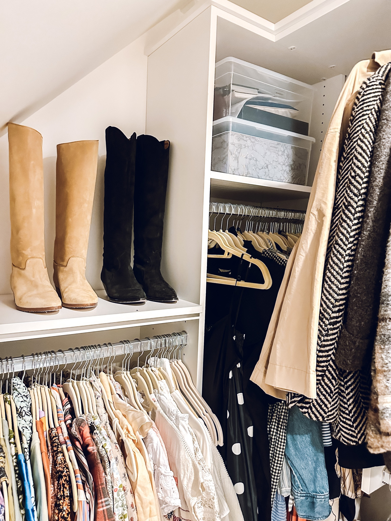 Closet organization ✨ The Container Store Tall Grey Boot Shapers. Amazon basic hangers. The Container Store Our Sweater Box.

#LTKhome