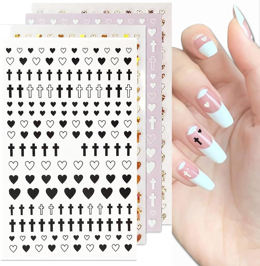 Cross Nail Stickers Heart-Shaped Nail Decals Laser Gold Silver Nail Art Decoration Self-Adhesive ... | Amazon (US)