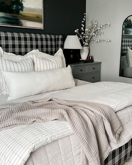 Our bedroom sources. Plaid bed, bedding, throw pillows, side table, lamps and flowers. 

#LTKhome #LTKSeasonal #LTKFind