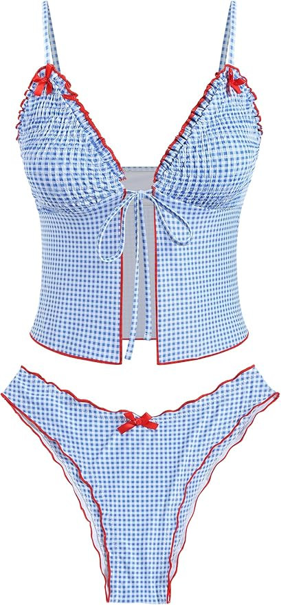 ZAFUL Tankini Swimsuits for Women Smocked Ruffles Tie Front Bowknot Textured High Cut Tanga Tanki... | Amazon (US)