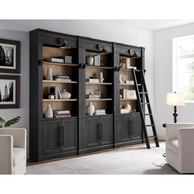 Three 8' Tall Bookcase Wall With Ladder, Storage Organizer, Display Shelf for Office, Black | Wayfair North America