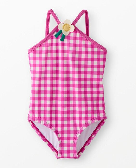 Girls' Pink Gingham One-Piece Flower Swimsuit - Size Big Kids 12 by Hanna Andersson | Hanna Andersson