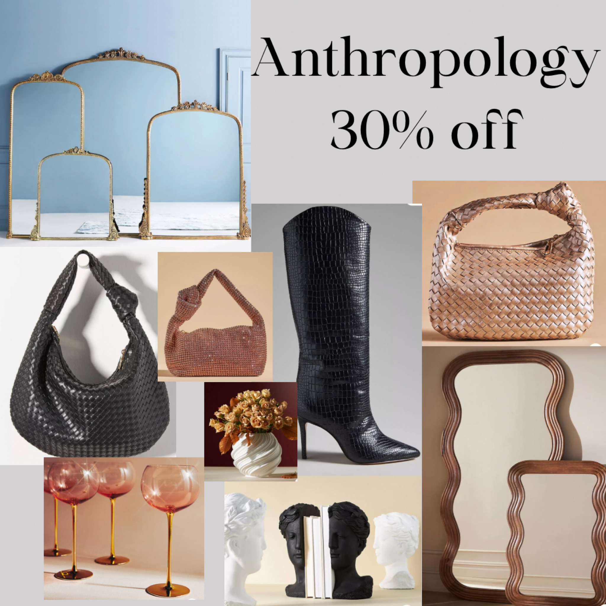 30% off select items at Anthropology!!! 

Cyber week, Black Friday deals, cyber Monday, anthropology sale, home decor, primrose mirror, cocktail glasses, black boots, women fashion 

#LTKsalealert #LTKCyberWeek #LTKGiftGuide