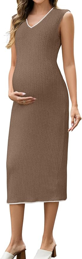 OUGES Womens 2025 Summer V Neck Maternity Dress Sleeveless Casual Bodycon Cable Knit Midi Dress P... | Amazon (US)