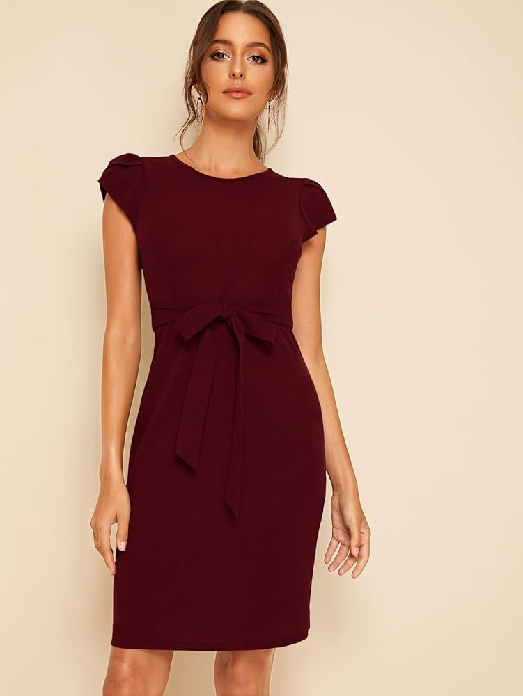Women's Dresses Petal Sleeve Self Belted Dress Dress for Women (Color : Burgundy, Size : X-Small) | Amazon (US)