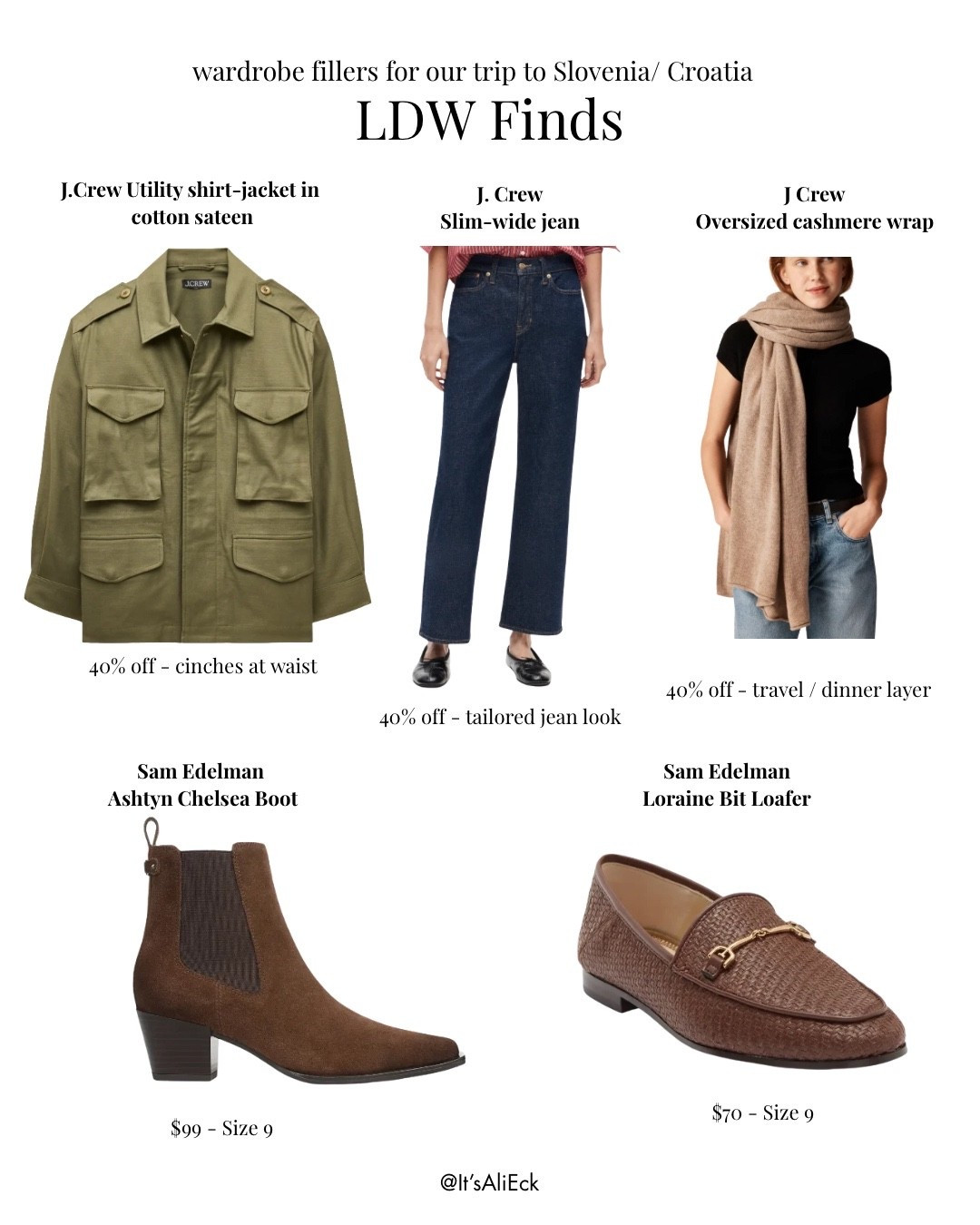 Found a few wardrobe fillers I’ve been on the hunt for and finally pulled the trigger on everything linked here - can’t wait to try on. 

I needed a good tailored pair of jeans and I hope these jcrew ones work for $88 or be thrilled ordered a size 27 

Shoes were a find on Nordstrom rack - I wanted a short boot and mule for walking and layering on our trip - I am a true 9 in Sam Edelman 

The green jacket I finally purchased - this one from jcrew has a synched waist so I bought a medium! Hoping it fits 

The cashmere wrap was a splurge but SO beautiful and also 40% off so now was the time to invest in a good piece so I can retire an older polyester blend wrap in the back of my closet