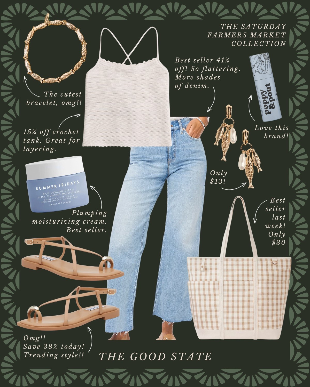 The Saturday Farmers Market Collection with an East Coast twist🍓🐟 Save up to 77%.
For all the Farmers Market girlies living their best life in the sunshine with a pastry and coffee in hand while carrying a tote of fresh produce on their shoulder. For the ones who love a pop of color, all things gingham and a scarf in their hair or around their neck.

Anthropologie , Anthro, Amazon, Quince, mini dress, maxi dress denim jacket, chore coat, earring, socks, beauty, sunglasses, spring outfit, spring fashion, tote bag, purse, woven purse, spring break, bandanna, scarf, quilted jacket, the good state, Lauren England, gola sneakers, clutch vacation outfit, hoop, earrings, American Eagle, target target fashion, target style sneakers, veja, mini dress, floral dress, wedding guest, dress, tuckernuck, vacation, outfit, ootd, summer outfit, summer fashion, outfit ideas, New England, nordstrom, summer sweater

#LTKStyleTip #LTKSaleAlert #LTKFindsUnder50