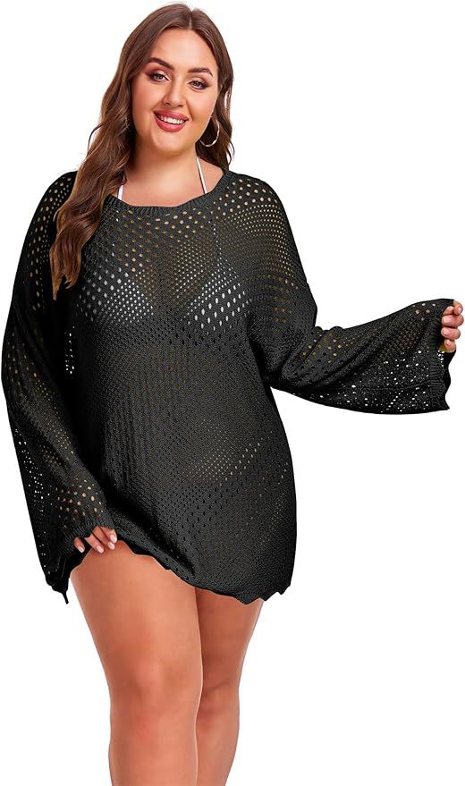 AOVDE Womens Crochet Coverup for Women Plus Size Hollow Out Bikini Swimsuit Cover Ups Long Sleeve... | Amazon (US)