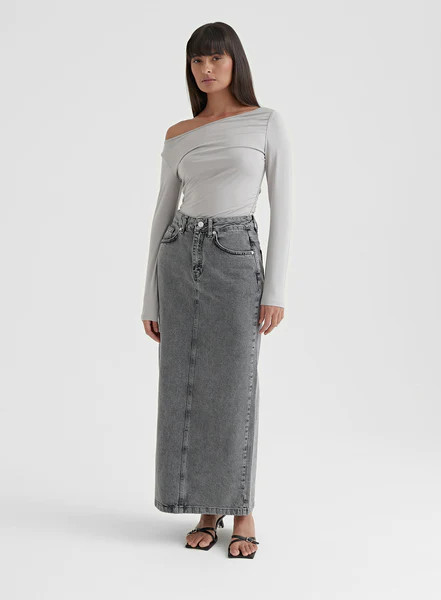 Washed Grey Denim Midaxi Skirt - Maxine | 4th & Reckless