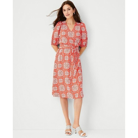 Ann Taylor Wrap Dress Women Small Coral Tile Print Puff Sleeve V-Neck Romantic | Poshmark