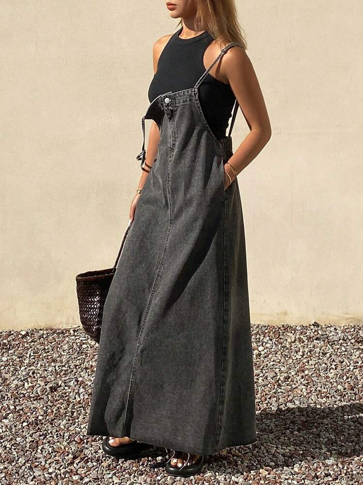 Livesso Women's Simple Casual Button Pocket Front Straps Long Denim Spaghetti Strap Dress Sundress | SHEIN