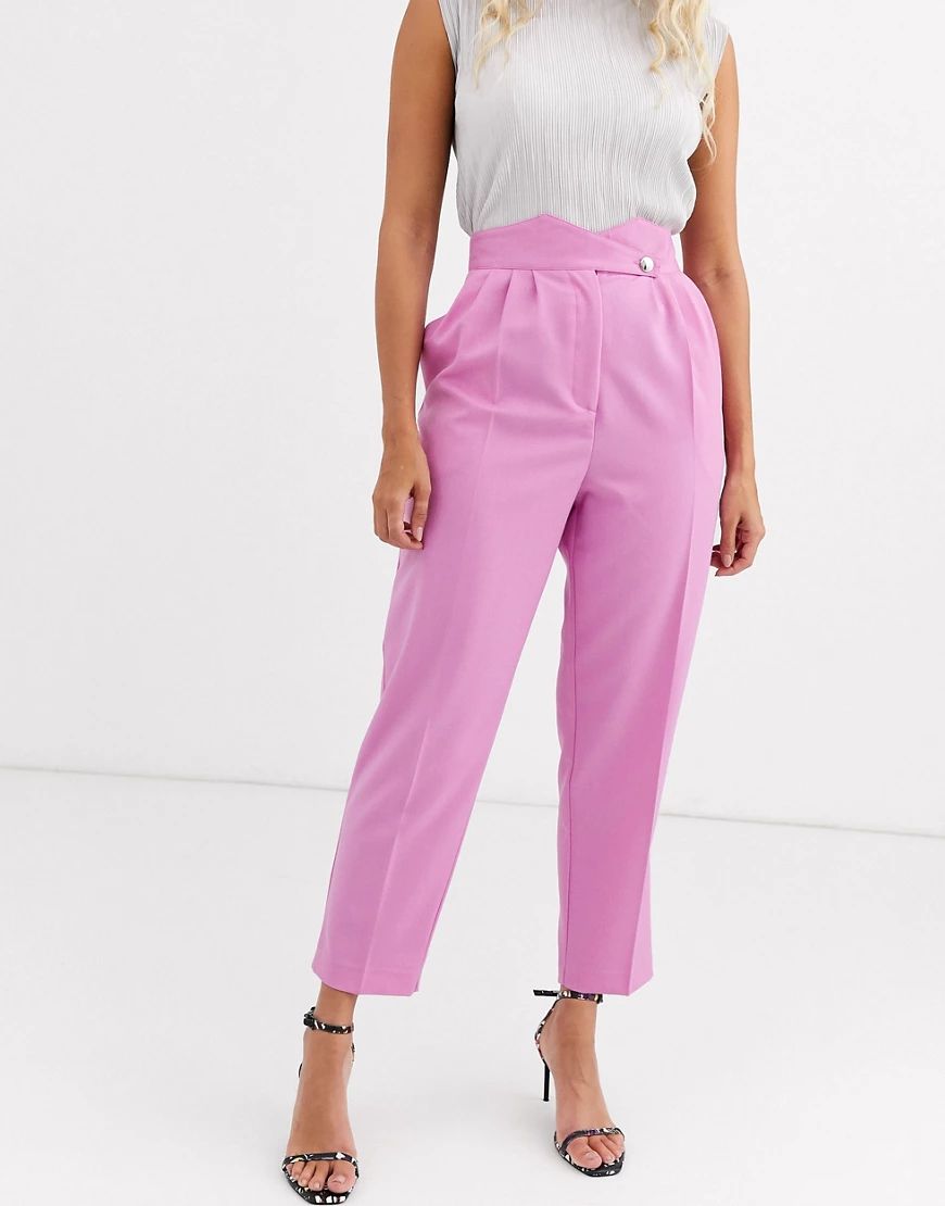 ASOS DESIGN high waist tapered pants with button detail-Pink | ASOS (Global)